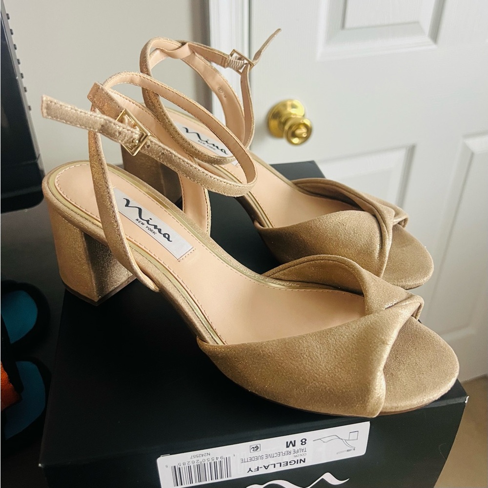 Nina Gold/ taupe reflective suedette Heeled Sandals